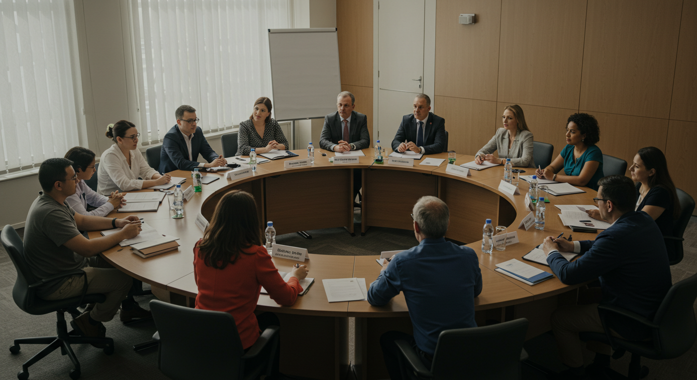 A community dialogue with government officials and citizens seated in a roundtable setting, symbolizing inclusive governance and peacebuilding.