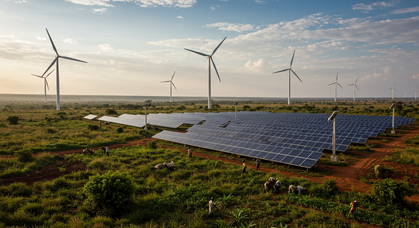 A lush African landscape with solar panels, wind turbines, and farmers practicing sustainable agriculture under a clear sky, symbolizing green energy and resilience.