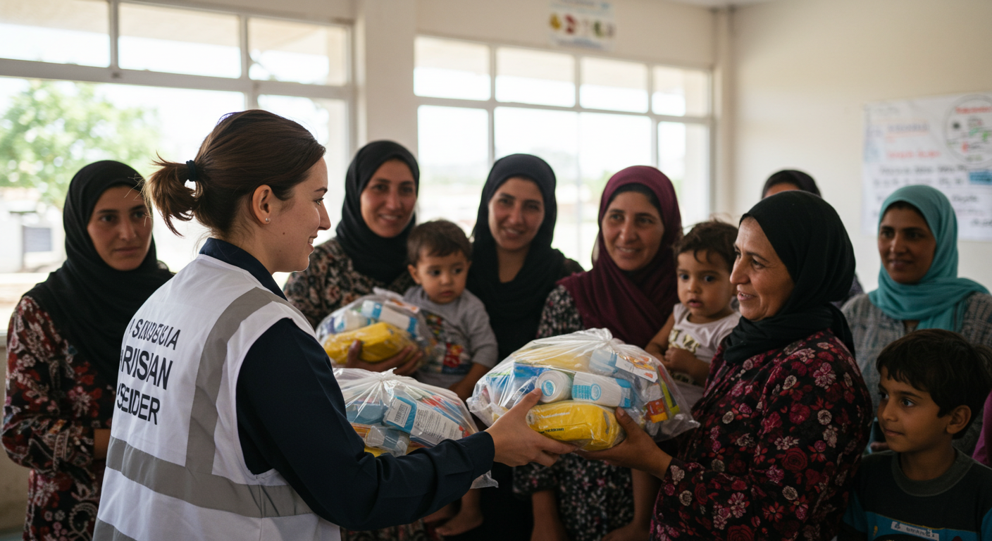 A humanitarian worker providing aid packages to families in need, with children and women receiving support in a respectful, dignified setting.