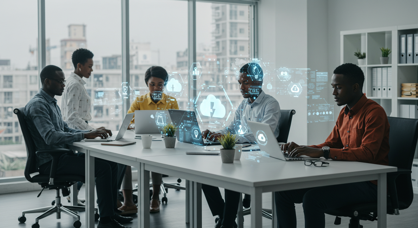 A modern office scene with African professionals working on laptops, surrounded by holographic digital icons representing technology, cloud computing, and innovation.